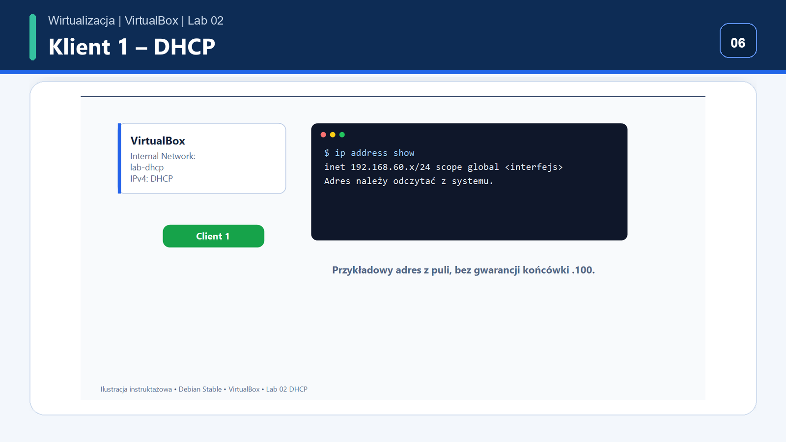 Client 1 skonfigurowany do pobierania IPv4 przez DHCP