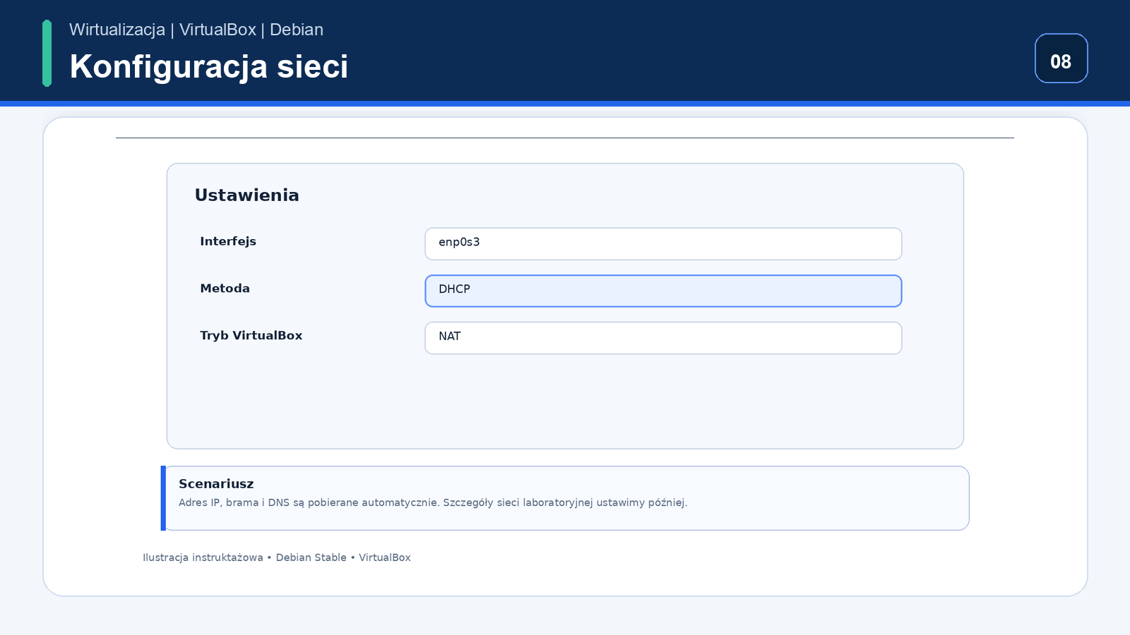 Konfiguracja sieci instalatora podczas instalacji Debian Stable